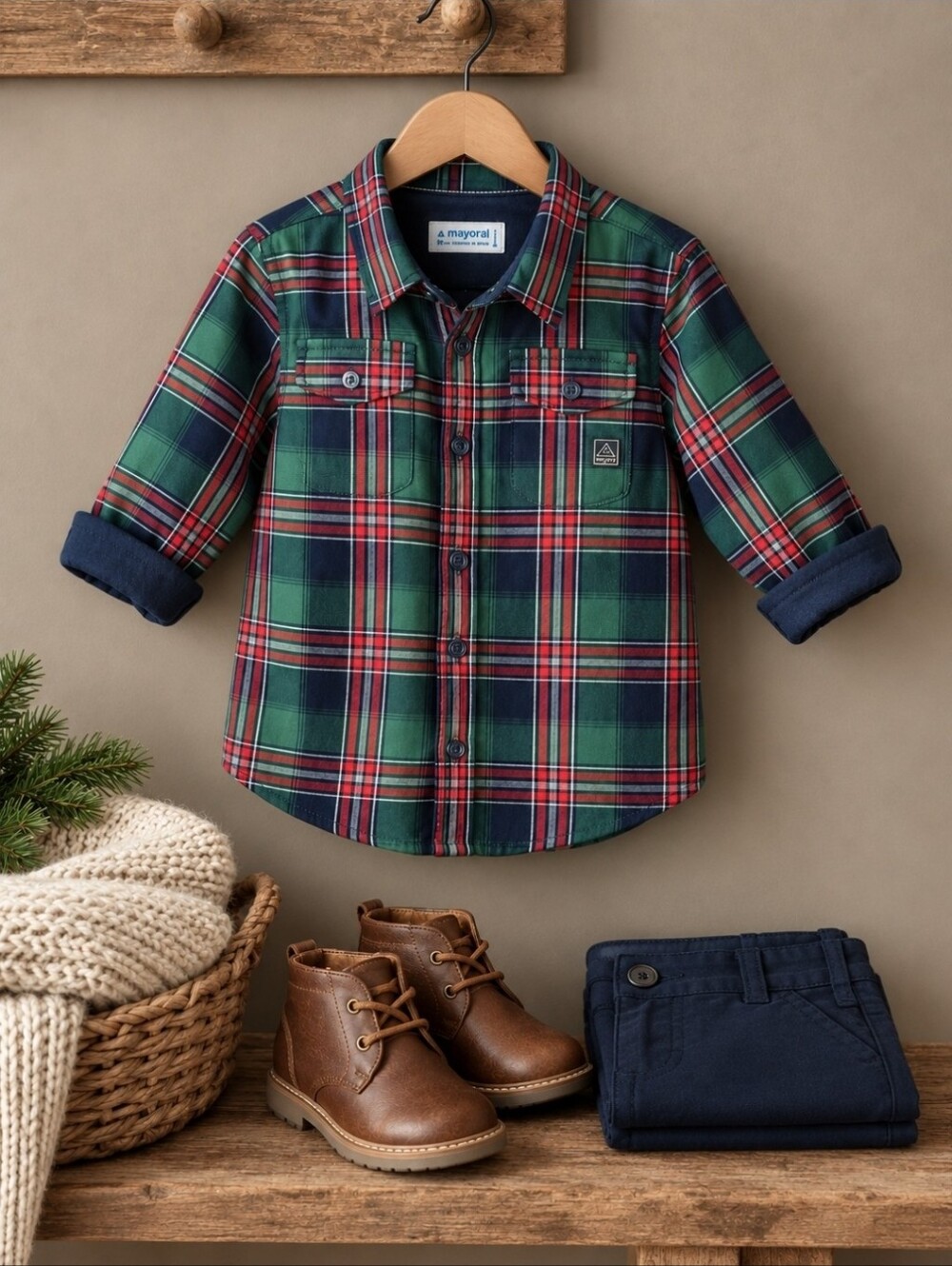 Mayoral Boys 2T 92cm Lined Plaid Twill Overshirt Green Red Tartan